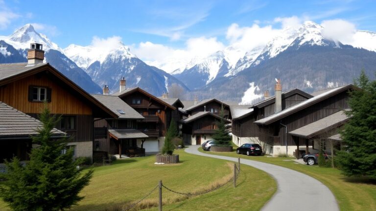 Bergdorf in den Schweizer Alpen mit Chalets und Bergen