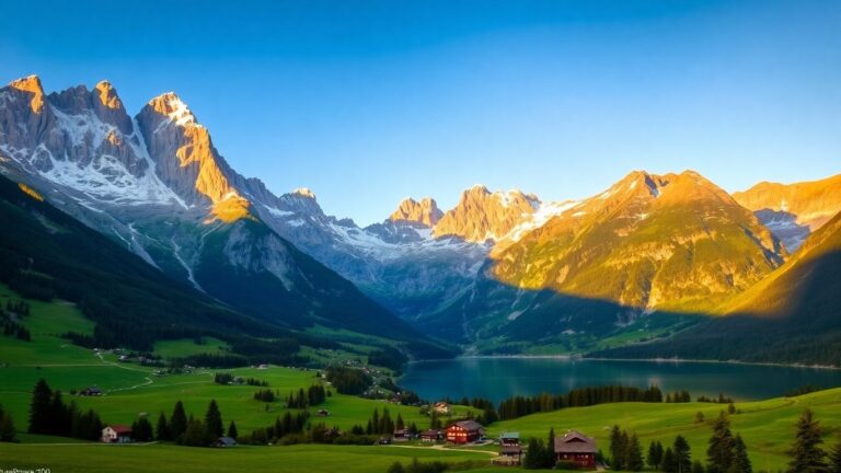 Majestätische Schweizer Alpenlandschaft mit schneebedeckten Gipfeln und grünen Tälern.
