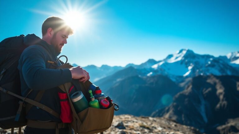 Wanderer prüft Ausrüstung vor Bergwanderung